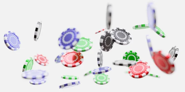 赌场的代币飞了 扑克赌博的筹码掉到了白色背景上 休闲游戏 3D渲染 — 图库照片