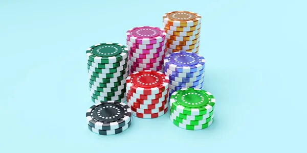 ギャンブルチップスタック 灰色の背景に山の中のカジノトークン 多くの色のポーカーチップ ビューを閉じます 3Dレンダリング — ストック写真