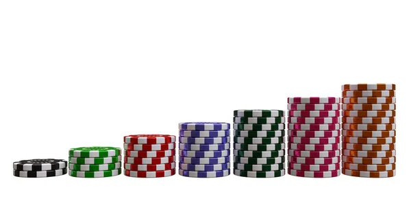 ポーカーチップカジノトークンは白い背景に隔離されたスタック 7つの山 デザイン要素 3Dレンダリングの多くの色のカジノチップ — ストック写真