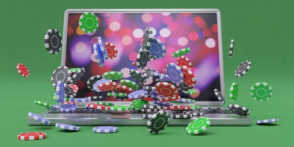 赌场在线 赌博和赌博应用 扑克芯片掉了 电脑笔记本电脑在绿色背景上 3D渲染 — 图库照片