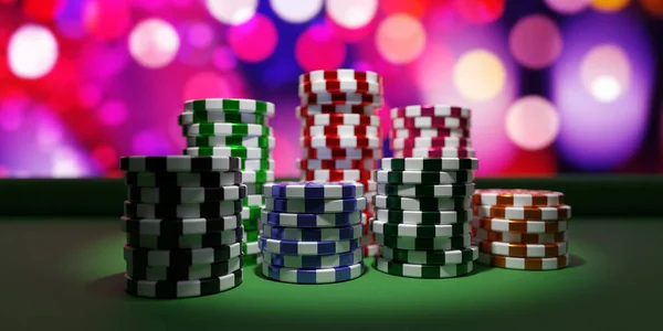 カジノのチップスタック 緑の山の中でギャンブルトークンを感じたテーブル ボケライトの背景 3Dレンダリング — ストック写真