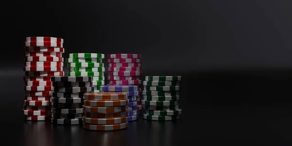ギャンブルチップスタック ブラックを背景にした山の中のカジノトークン 多くの色のポーカーチップセット 3Dレンダリング — ストック写真