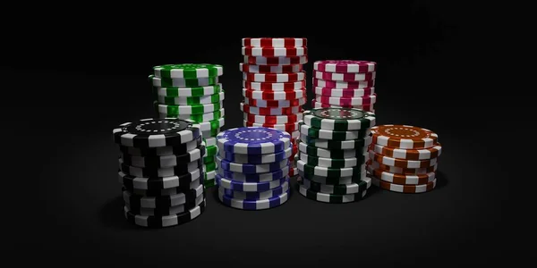 カジノのギャンブルチップスタック 黒の背景に杭に設定された多くの色のポーカーチップ 3Dレンダリング — ストック写真
