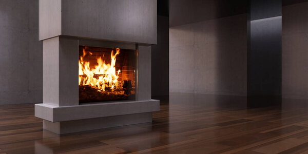 Burning fire in a fireplace, warm living room interior, wooden floor, concrete wall. Modern cozy home, empty space. 3d render