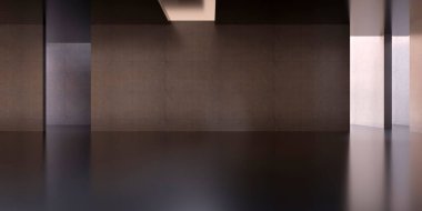 Modern tavan arası boş iç arkaplan. Beton duvar tavanı ve zemin, ışık ve gölgeler, açıklıklar ve koridorlar. 3d rende