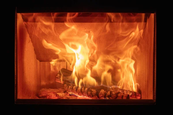 Oheň Plameny Hořící Dřevo Klády Energie Sporák Krb Zblízka Přední — Stock fotografie