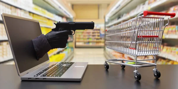 Kill product price not the people. Gloved hand holding gun out of laptop screen aiming empty supermarket trolley. Blur full goods shelf. 3d render