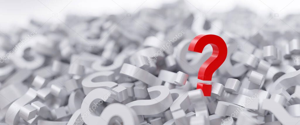 Red questionmark against blur white question mark background. Ask, wonder, search concept. 3d render