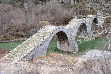 Yunanistan Epirus. Plakida ya da Kalogeriko nehrin üzerindeki eski üç kemerli taş köprü. Tırtıl şekilli yaya köprüsü yapısı, kışın kuru doğa arka planı.