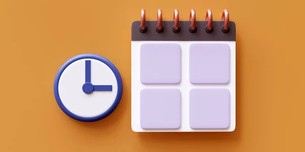 Calendar date check mark and alarm clock. Checklist done. Table organizer, meeting reminder planner, checkmarks, 3d render
