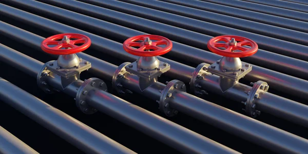 Pipeline faucets, pipe and valves for natural gas, close up view. Industrial steel piping system, red metal faucet for water, oil, petrol supply. 3d render