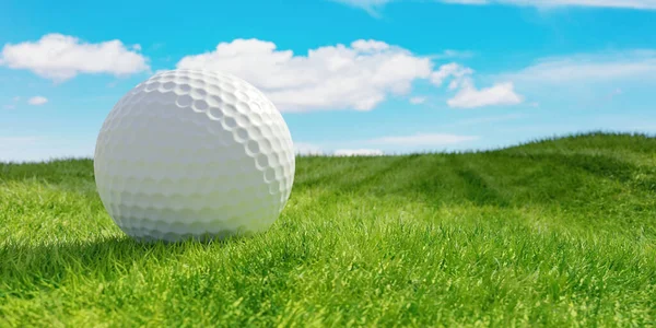 Golf ball on sport course, close up view. Green grass and blue sky, sunny day. 3d render