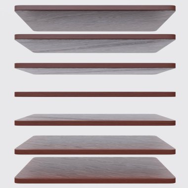 Wooden empty shelf isolated cutout on white color wall background. Home interior bookshelf, exhibition equipment, ad template. 3d render