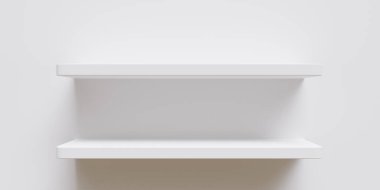Shelf white color empty isolated cutout on white wall background. Store goods presentation, exhibition, room bookshelf, advertising template. 3d render