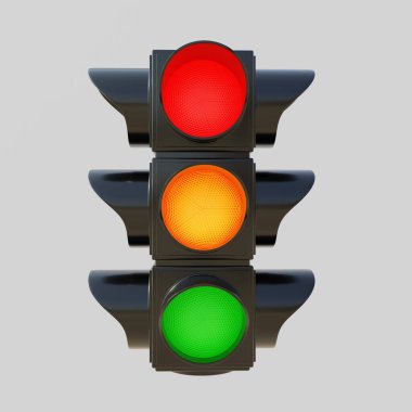 Traffic light red, orange yellow, green isolated cutout on grey background. All three color on semaphore, signal for driver, safety on road. 3d render