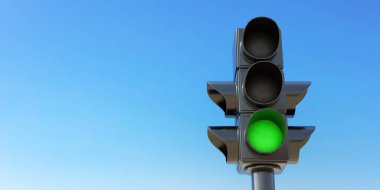 Safety travel on road concept. Traffic Light on pole, semaphore with green go signal on clear blue sky background, space for text. 3d render