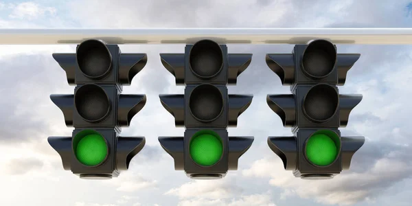 Safety travel on road concept. Traffic Green Light, three hanging semaphore with green go signal on cloudy sky background. 3d render
