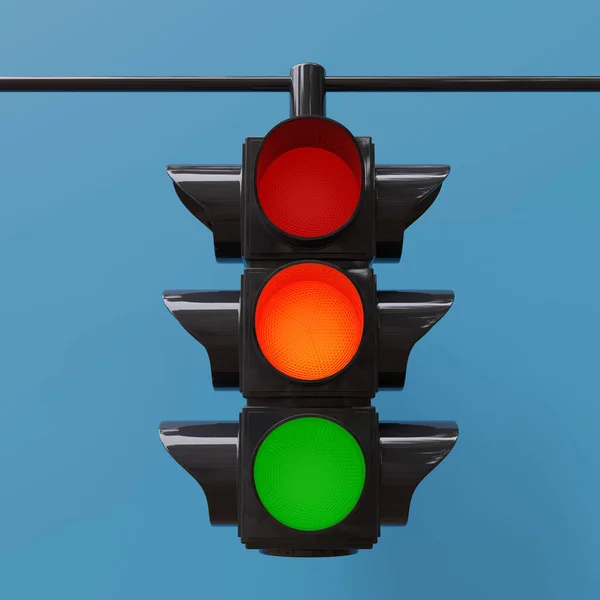 Traffic light red, orange, green on blue background. All three color on hanging semaphore, signal for driver, safety on road. 3d render