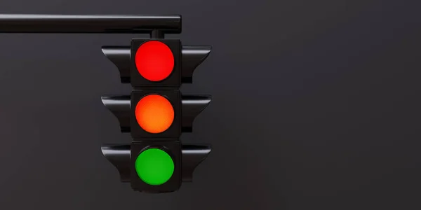 Traffic light red, orange, green on empty grey background. All three color on hanging semaphore, signal for driver, safety on road. Space for text. 3d render
