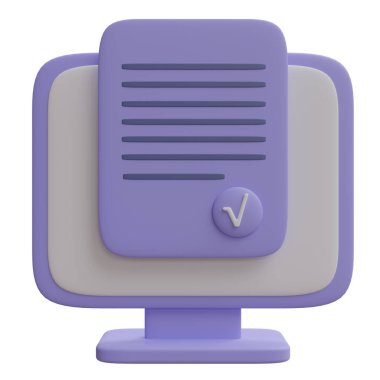 Document validate on computer desktop screen. Cartoon minimal icon isolated on white background, 3d render.