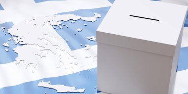 Yunanistan haritasında, ulusal mavi ve beyaz bayrak arkaplanında beyaz boş bir kutu seçiliyor. Oy Sandığı, Yunan 2023 Seçimi. Manzaranın üstünde, uzay. 3d hazırlayıcı