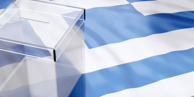 Yunanistan 'ın mavi-beyaz bayrak arka planında saydam oy sandığı. Yunanistan 'ın net seçim sonuçları için oy sandığını temizle. Manzaranın üstünde. 3d hazırlayıcı