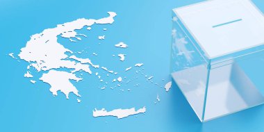 Yunanistan haritasında saydam oy sandığı mavi ve beyaz arkaplandan yapılmıştır. Yunanistan 'ın net seçim sonuçları için oy sandığını temizle. Manzaranın üstünde. 3d hazırlayıcı