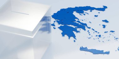 Yunanistan haritasında saydam oy sandığı mavi ve beyaz arkaplandan yapılmıştır. Yunanistan 'ın net seçim sonuçları için oy sandığını temizle. Manzaranın üstünde. 3d hazırlayıcı