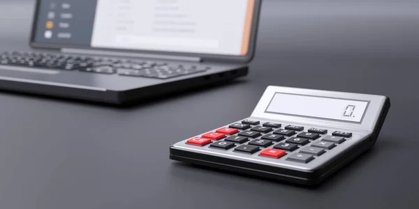 Calculator silver digital, zero screen and opened computer laptop on office table background. Business, financial strategy plan concept. 3d render