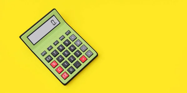 Calculadora Cor Pastel Verde Fundo Amarelo Espaço Cópia Vista Superior — Fotografia de Stock