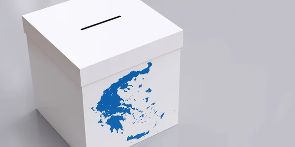 在空白的紫色背景上用蓝色的希腊地图投票选举白色的盒子 希腊2023年选举的秘密选择投票箱 在视野之上 3D渲染 — 图库照片