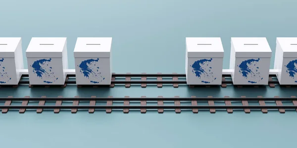 Call me when you arrive. Election in Greece train collision dead children. Greek map at Ballot Box on railway on blue background. Above view. 3d render