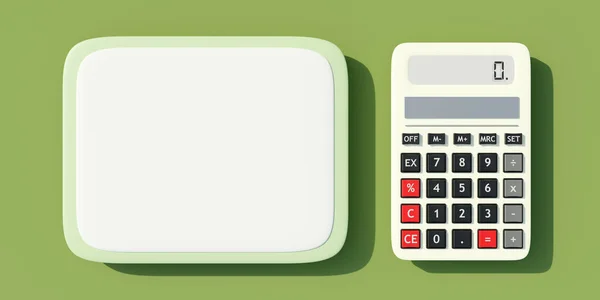 Калькулятор Белый Цифровой Нулевым Экраном Пустой Доской Зеленом Фоне Рекламный — стоковое фото