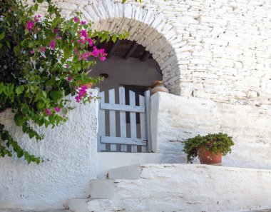 Yunanistan. Tinos Adası, Dio Horia köyü. Kiklad mimarisi gri ahşap çit giriş kapısı kapalı, beyaz boyalı kemerli taş duvar, bitkilerle dolu kap.