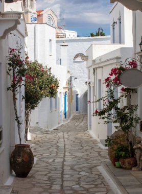 Tinos Adası Yunanistan. Pyrgos köyünde beyaz ve mavi renkli sikladik mimari. Pembe begonvilli Paved sokak tenceresi. Dikey