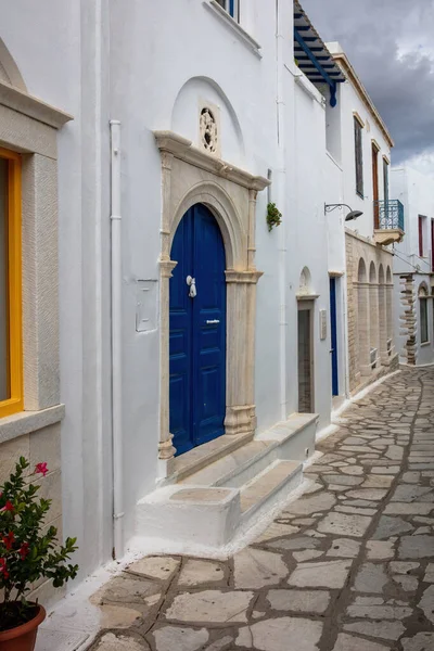 Tinos Island Greece Cycladic Architecture White Blue Pyrgos Village Paved — Stock Photo, Image