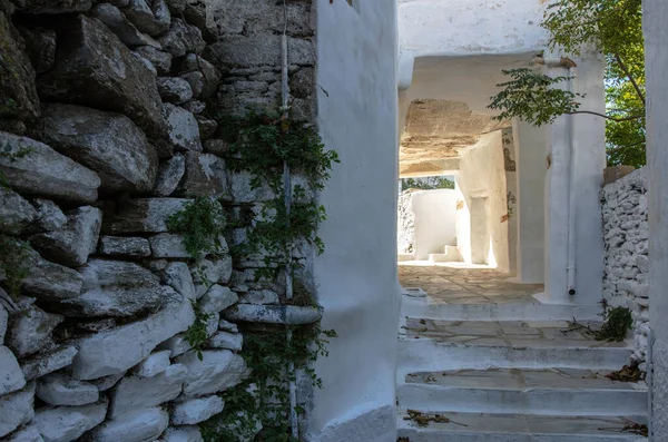 Grèce Ancien Mur Escalier Pavé Recouvre Couloir Extérieur Bâtiment Île — Photo