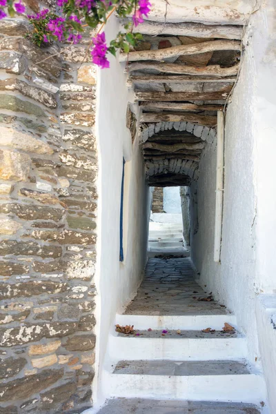 Греція Вузькі Бруковані Сходи Між Будівлями Покривають Алею Острові Тінос — стокове фото