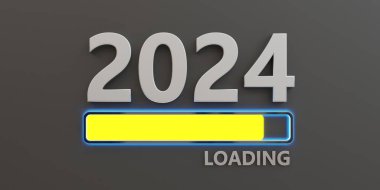 2024 Yeni Yıl barı gri arka planda sarı renk işareti ile yükleniyor. Dikdörtgen şekli, yeni yılın gelişimi hakkında bilgi verir. 3d hazırlayıcı