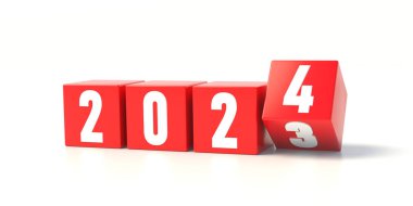 2024 yılbaşı değişimi. Beyaz arkaplanda izole edilmiş kırmızı bir küp. Son küp üçten dörde dönüyor. Hayat değişiyor, tebrik kartı. 3d hazırlayıcı
