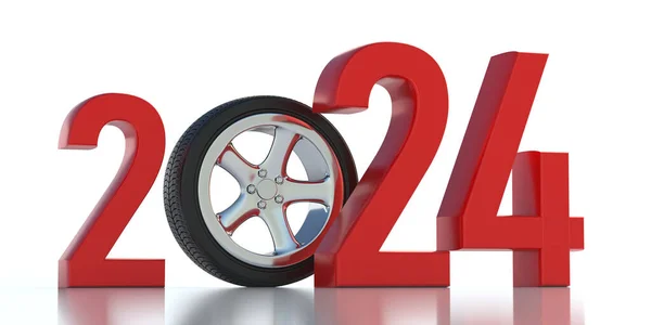 2024新年安全驾驶概念 合金车轮上的铁丝在白色背景上隔绝的红色数字之间 司机的问候卡3D渲染 — 图库照片