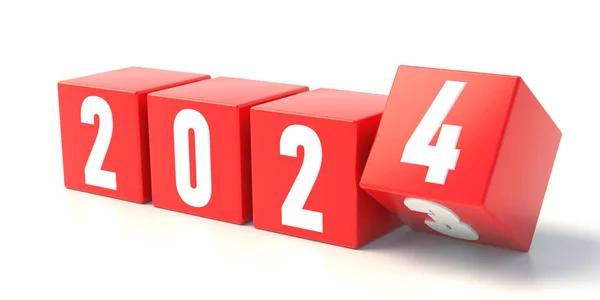2024年新年の変化 白い背景に数字が孤立した赤いキューブ 最後のキューブは3から4に変わります 人生が変わる挨拶カード 3Dレンダリング — ストック写真