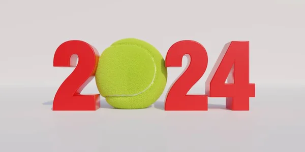 2024 Frohes Tennisjahr Gelbe Kugel Zwischen Roten Ziffern Isoliert Auf — Stockfoto