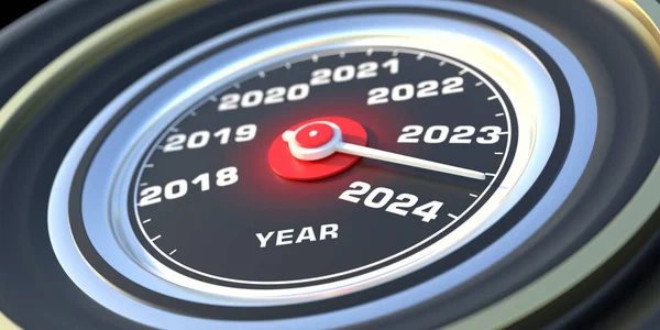 Nieuwjaar 2024 Aftellen Autosnelheidsmeter Naaldindicator Nadert 2024 Versnelling Voor Verandering — Stockfoto