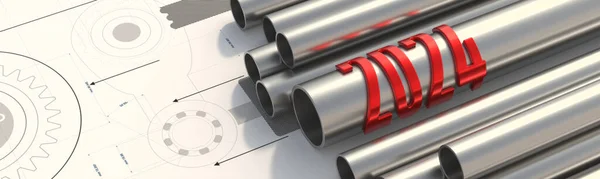 2024 Capodanno Numero Rosso Tubo Tubo Metallico Acciaio Sfondo Design — Foto Stock
