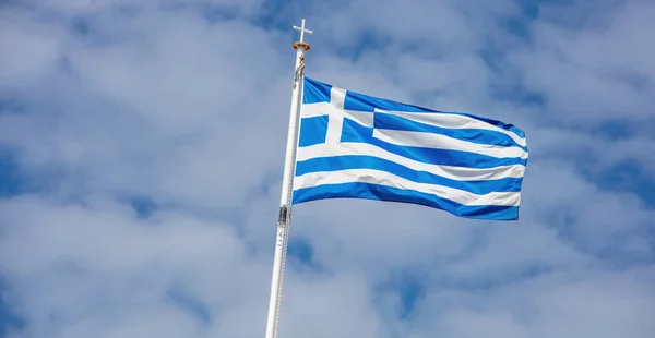 Signo Grecia Bandera Oficial Nacional Griega Azul Blanco Sobre Asta —  Fotos de Stock
