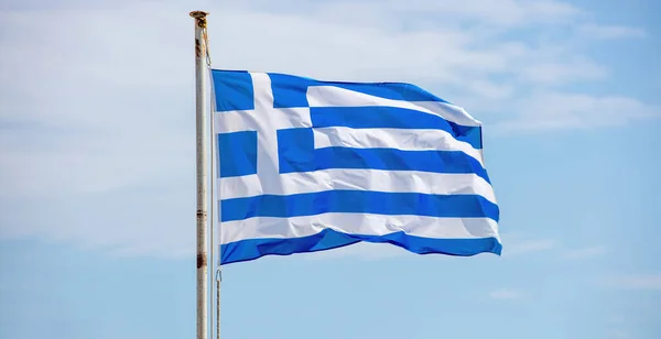 Símbolo Grécia Bandeira Oficial Nacional Grega Azul Branco Mastro Enferrujado — Fotografia de Stock