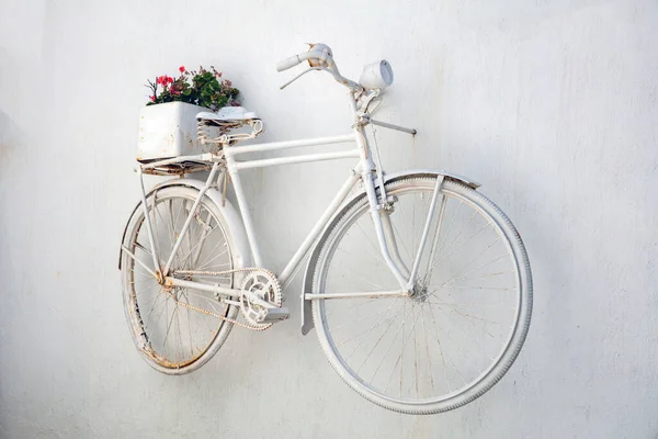 白色的旧锈迹斑斑的自行车 在粉刷后的墙壁背景上的罐子里有软糖植物 Malva家植物上的红花希腊 Cyclades岛 — 图库照片