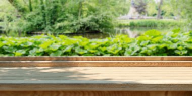 Boş ahşap masa, bulanık yeşil park ve bahçe, doğa arka planı, ürün ekran şablonu. 3d hazırlayıcı