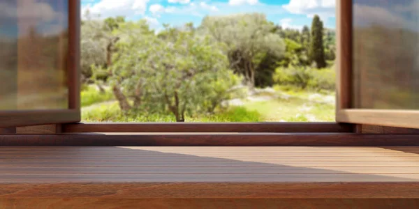 空の木製のテーブル 国の自然 開いているウィンドウの外に木を表示するフィールド 製品発表用のテンプレート 3Dレンダリング — ストック写真